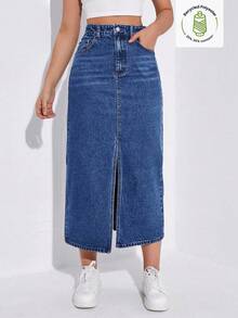 SHEIN ICON 女式休闲水洗开衩牛仔裙 - 藍色 - 查看 5