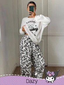 DAZY HELLO KITTY AND FRIENDS | SHEIN 女士毛绒字母和卡通刺绣上衣和宽松全印花裤睡衣套装，冬季，秋季服装 - 米色 - 查看 7