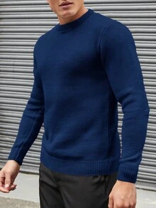 RueChic Men's Solid Basic Round Neck Sweater - Blue - View 3
