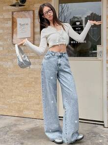 女式休闲水洗水钻装饰阔腿牛仔裤 - 藍色 - 查看 4