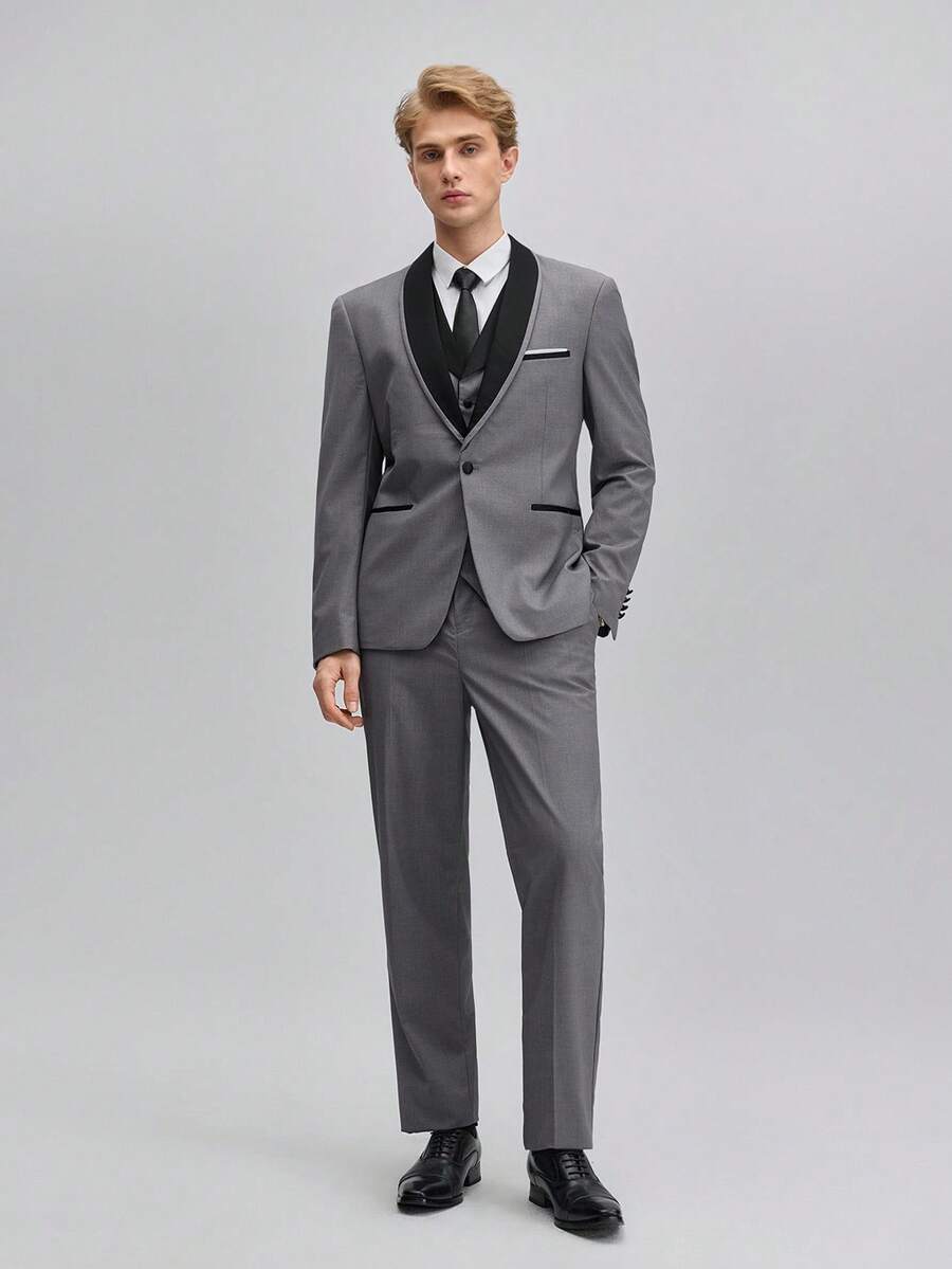 Men's 3 Pcs Shawl Collar Suits, Light Grey, Including Blazer, Waistcoat And Suit Pants, For Formal Business And Groom's Wedding, Old Money Suit With Dress Pants Spring To Summer