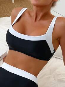 Oceva 女士夏季沙滩时尚拼色比基尼套装两件套泳衣高腰比基尼套装 - 黑與白 - 查看 4