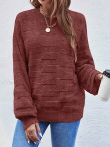 EMERY ROSE 女士休闲日常通勤简约纯色灯笼袖宽松套头衫，秋冬 - 棕色 - 查看 3