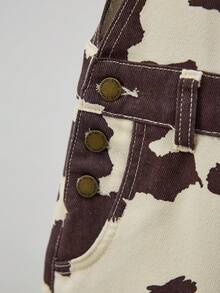 Maija Women's Coffee-Colored Denim Overalls, Cow Pattern Casual Jumpsuit, Autumn And Winter Casual Wear