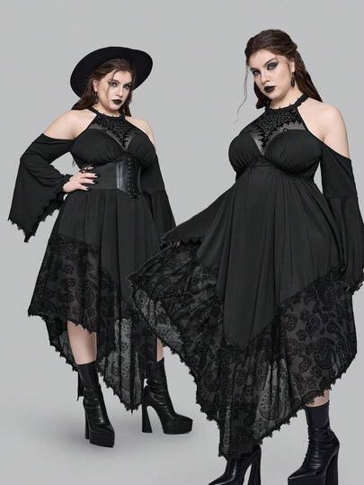 Goth Vestido largo de talla grande con estilo gótico, cuello de encaje, estampado floral y mangas acampanadas. Vestido largo elegante y oscuro de talla grande para otoño/invierno en estilo gótico. Vestido largo de talla grande de estilo gótico, lujoso y vintage para Halloween, fiestas de Navidad