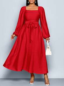 SOLERSUN 女式加大码法式纯色方领长袖前褶皱荷叶边下摆 A 字休闲优雅连衣裙，春夏新款女装 - 紅色 - 查看 6