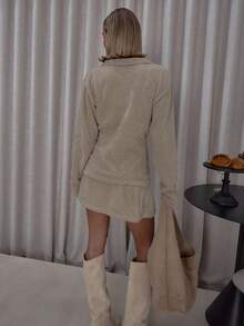 MUSERA 蓬松针织V领翻领纽扣弧形下摆上衣搭配A字迷你裙套装，街头风可爱优雅休闲性感外出太妃糖色晚宴派对优雅春季毛衣夏季 - 卡其色 - 查看 2