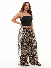 Solavibe Pantalones casuales de talla grande con estampado de leopardo y parches, cómodos para uso diario, otoño/invierno - Multicolor - Ver 3