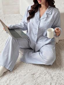 Dazy Plus 2pcs/Set Casual Striped Loose Fit Top And Pants Pajama Set, Suitable For Loungewear Or Outerwear, Plus Size Women, Spring/Autumn Fall Winter Clothes