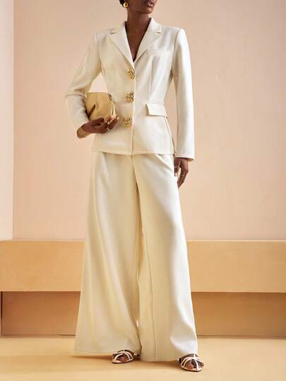 Zivah 20  Autumn/Winter New Arrival, Music Festival, Graduation Season, College Style, Student Wear, Daily Casual, Vacation, Beach, Streetwear, Commute Elegant, Lapel Long Sleeve Blazer Jacket, Cinched Waist Design, White & Light Peach Blazer, Metal Decor Buttons, Wide Leg Pants, 2 Pieces Set