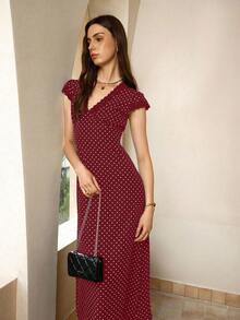 Cévolie Polka Dot Fitted V-Neck Lace Patchwork Women's Long Dresses - Red - View 7