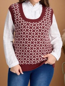EMERY ROSE Gilet tricoté casual à motif argyle rouge grande taille - Rouge - Voir 5