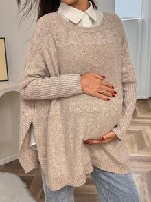 SHEIN 孕妇扭纹圆领蝙蝠袖长袖休闲毛衣，侧开衩下摆，秋冬 - 卡其色 - 查看 8