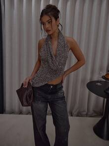 MUSERA 深V不对称下摆针织上衣，街头风可爱优雅休闲性感，适合秋季外出、假日、派对、春夏节日等场合。 - 棕色 - 查看 5