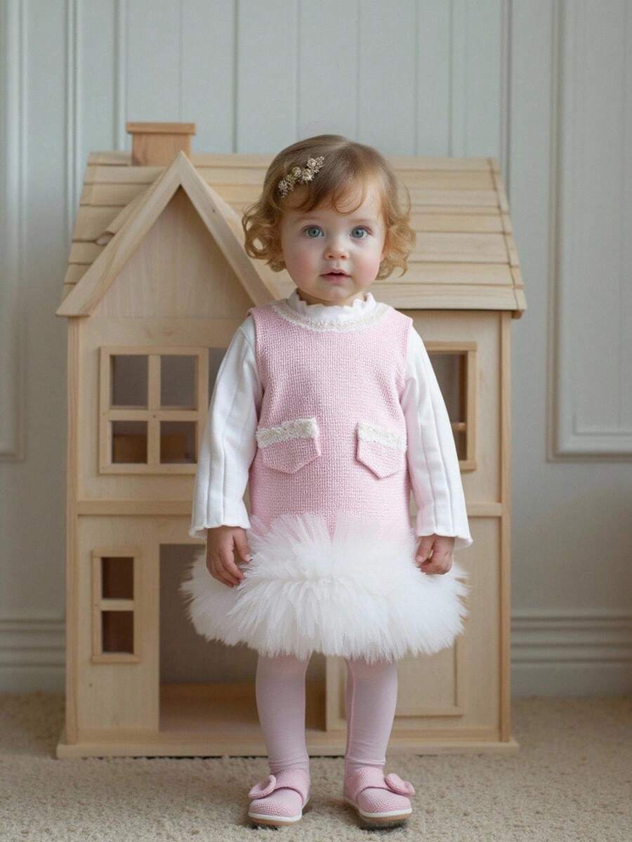 SHEIN Elladie kids 2 件套女婴秋冬校服套装,3 个月 - 3 岁,白色多层荷叶边网眼蛋糕裙连衣裙和粉色无袖高领罗纹针织上衣,舒适时尚 - 彩色 - 查看 1