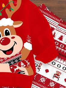 SHEIN Happikins Baby Girl Cute & Funny Christmas Reindeer, Fair Isle Pattern, Christmas Red, Festive, Soft Thick Crew Neck Long Sleeve Sweatshirt And Leggings Set, Suitable For Autumn/Winter Christmas Baby Girl Christmas Outfits Baby Girl Christmas Pajama Toddler Christmas Pajamas Toddler Long Sleeve Christmas Outfit Toddler Girl Christmas Outfit - Multicolor - View 4