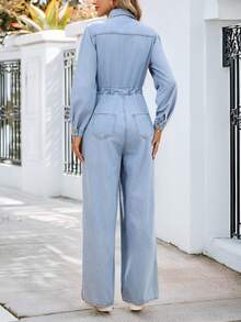 EMERY ROSE Women's Long Sleeve Button Half Placket Pocket Design Drawstring Waist Casual Denim Jumpsuit - Blue - View 2
