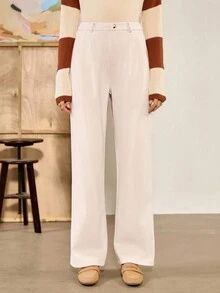 Chiquease Pantalones rectos de cintura alta con elegante patrón de espiga, de color albaricoque, adecuados para el uso diario, para otoño/invierno - Albaricoque - Ver 5