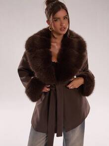 SHEIN BAE Women's Fashionable Faux Fur Patchwork Blended Overcoat, Fall/Winter Style Elegant Blended Overcoat, Perfect For Casual Outings, Dates, And Leisure Occasions Brown Coat Outerwear Women,Winter Clothes For Women - Coffee Brown - View 7