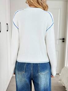 Easowa Women White And Blue Cardigan,Autumn Elegant And Classy Zip Up Sweater,Stand Collar Zipper Front Oblique Pocket Contrast Trim School Back-To-School - White - View 2