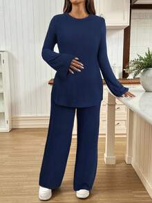 SHEIN 2pcs Maternity Casual Solid Color Side Slit Flare Sleeve Top And Pants Set, Autumn Maternity Two Piece Set Two Piece Set Women Comfy Modest Two Piece Set Maternity Clothes Two Piece Suits Comfortable Two Piece Set