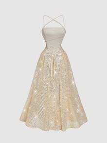 SHEIN MOD 系带露背亮片中长连衣裙 - 杏色 - 查看 2