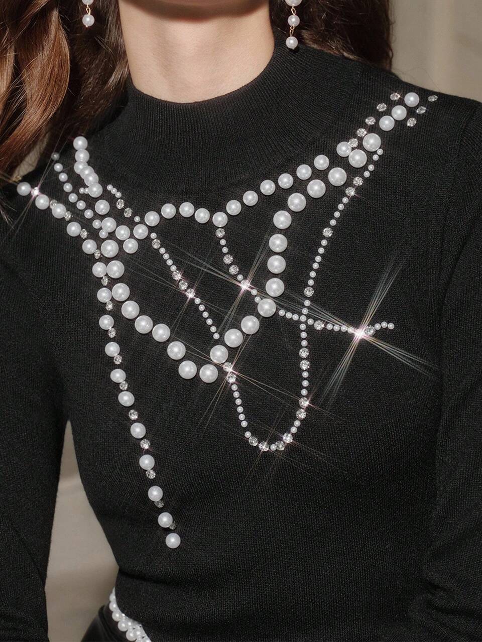 Women's Autumn Elegant Black Long Sleeve Sweater With Luxurious 3D Beaded & Rhinestone Decor,New Year Sequin Blouse For Tea Party Evening Gown Dress