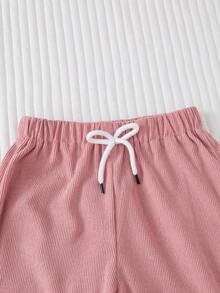 SHEIN 三件套女童休闲舒适套装，包括带蝴蝶结松紧腰带的裤子，纯色灯芯绒面料，直筒裤型，适合春秋季穿着。 - 彩色 - 查看 5