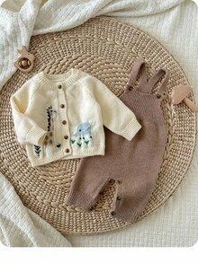 SHEIN 新生儿卡通动物图案纽扣前开衫，休闲日常穿着，秋冬 - 杏色 - 查看 2