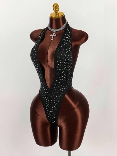 Amplova Mono con escote en V profundo, cuello halter y espalda descubierta, decorado con rhinestones, de moda y sexy para mujer