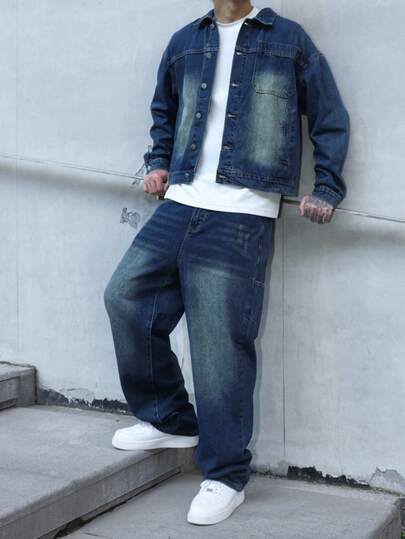 Claim Dot 男士复古牛仔两件套休闲夹克和阔腿裤，春秋季