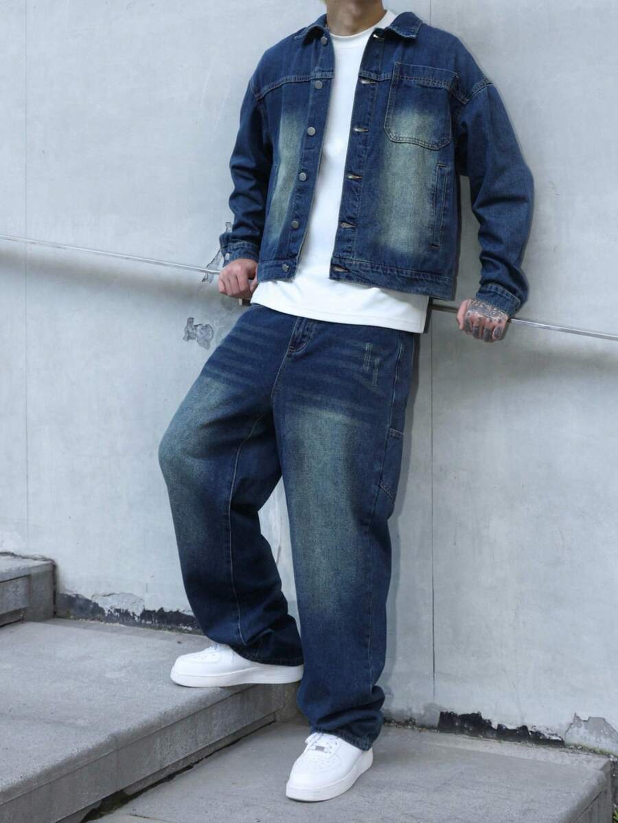 Claim Dot 男士复古牛仔两件套休闲夹克和阔腿裤，春秋季