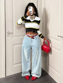 BamGleam Women's V-Neck Long Sleeve Blue & White Striped Distressed Fringe Pullover Sweater, Minimalist Sexy Street Style