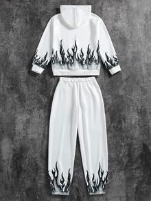 SHEIN 2pcs/Set Fashion White Printed Hoodie Sweatshirt & White Stylish Pants For Teenage Boys, Soft & Comfortable Fabric, Suitable For Autumn, Outdoor, Travel, Dancing, Photography, Back To School 2025 Bestseller Outfit