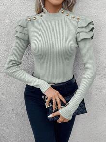 SHEIN LUNE Women's Solid Color Stand Collar Patchwork Ruffle Shoulder Button Design Fitted Pullover Sweater, Autumn - Light Grey - View 6