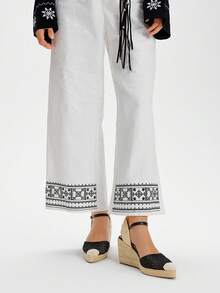 Styleloop 女士简约踝带帆布鞋，度假松紧带，后拉链，仿皮圆头镂空金属扣，黑色编织厚底坡跟凉鞋，适合度假、波西米亚、西部、音乐节、派对等场合 - 黑色 - 查看 4