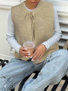 Siren Gaze Herbstoutfit für Frauen Wollweste mit Schnürung, die auf zwei Arten getragen werden kann: Wollweste mit Schlitz und Schleife vorne und hinten, gestrickte Weste