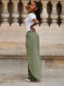 Quần nylon với chân váy maxi kẻ caro phủ ngoài Xuân, Hè, Thời trang đường phố, Y2k, Cô gái sành điệu, Nàng thơ thành phố Thu, Thu, Đông - xanh quân đội - Xem 3