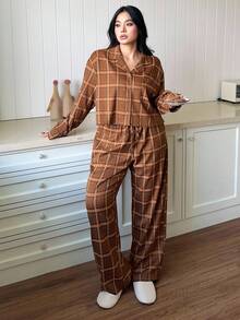 Dazy Plus 2pcs Plaid Loose Fit Casual Pajama Set, Suitable For Outdoor Wear, Plus Size Women, Spring/Autumn, Cozy Outfit, Fall Winter Clothes - Khaki - View 4