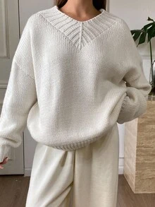 DAZY V-Neck Loose Oversized Sweater For Women Fall/Winter - Beige - View 7