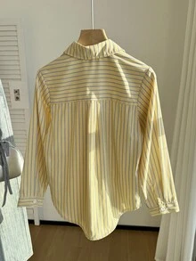 Tween 女童休闲百搭百搭学校/通勤日常刺绣黄色条纹长袖宽松衬衫秋冬 - 黃色 - 查看 2