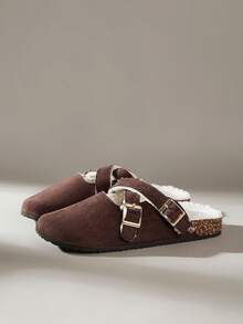 女士带扣设计休闲平底乐福鞋，带保暖衬里 - 咖啡棕 - 查看 2