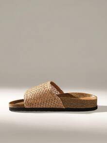 女士时尚黑色平底凉鞋，夏季沙滩度假休闲拖鞋 - 棕色 - 查看 3