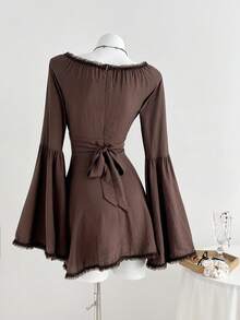 SHEIN Unity 女式时尚纯色喇叭袖蕾丝边迷你连衣裙 - 棕色 - 查看 2