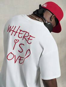PAVTROS 男士夏季字母和心形印花圆领休闲短袖 T 恤，街头装，适合说唱歌手，适合外出 - 白色 - 查看 1