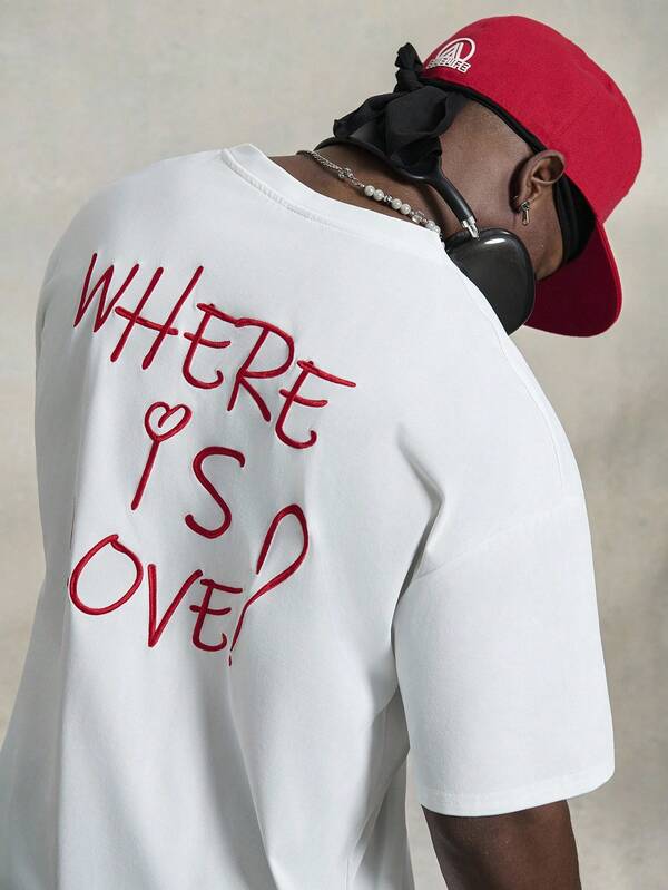 PAVTROS 男士夏季字母和心形印花圆领休闲短袖 T 恤，街头装，适合说唱歌手，适合外出