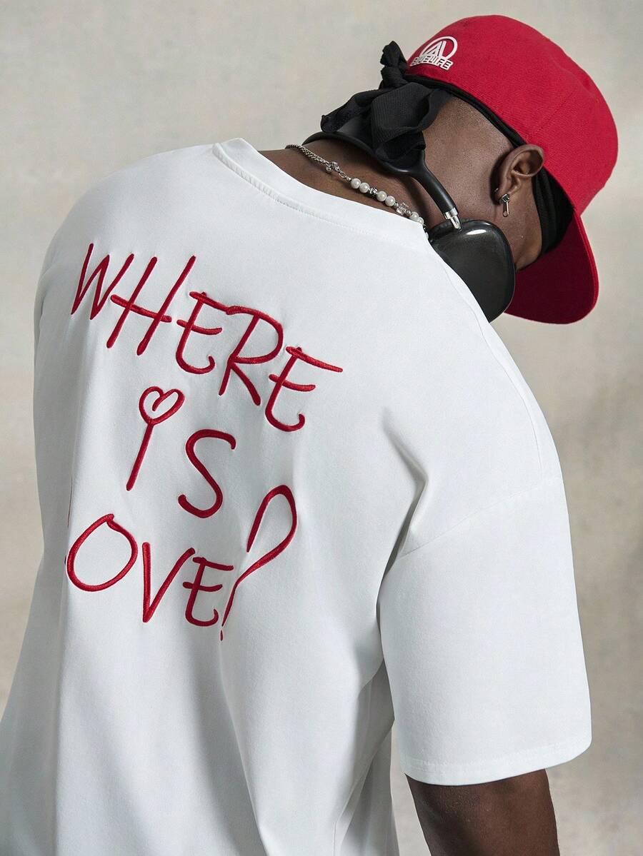 PAVTROS 男士夏季字母和心形印花圆领休闲短袖 T 恤，街头装，适合说唱歌手，适合外出 - 白色 - 查看 1