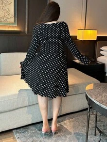 Flirla 优雅复古性感蕾丝拼接长袖腰部收腰 A 字型波尔卡圆点大码女式连衣裙，适合秋冬季派对、宴会 - 黑色 - 查看 2