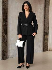 Roveilla 加大码针织翻领蕾丝拼布长袖袖口蕾丝腰西装外套和纯色修身长裤两件套西装套装 - 黑色 - 查看 7