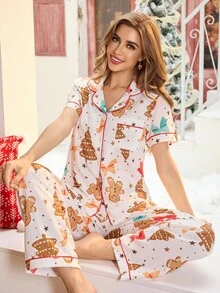 Bộ đồ ngủ nữ in họa tiết bong bóng ve áo nhăn họa tiết Giáng sinh - Nhiều màu - Xem 2